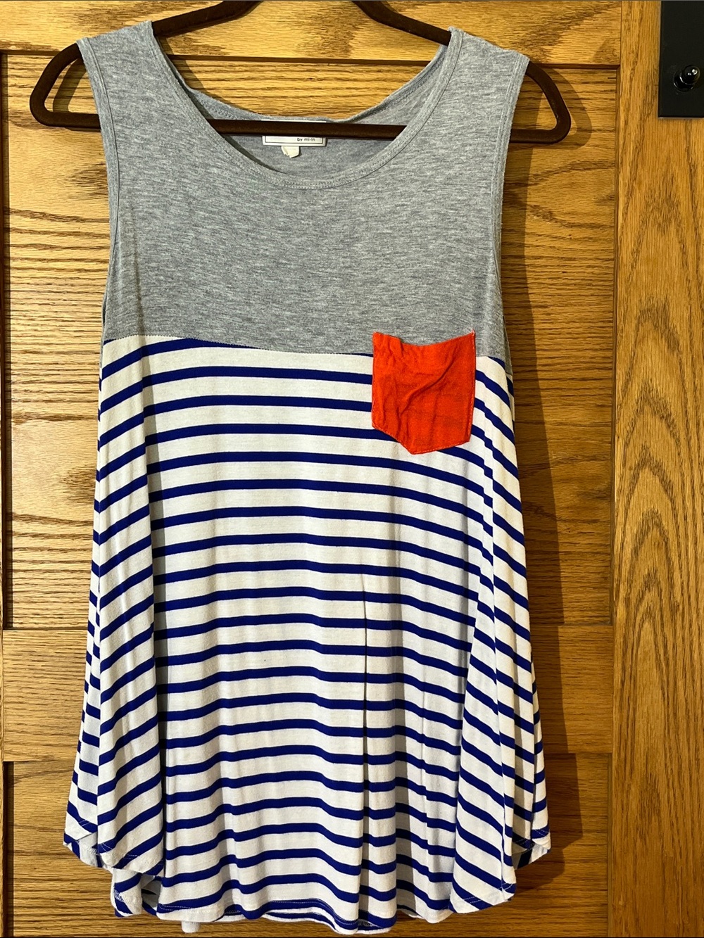 Ces Femme Gray and Blue Striped Tank Top with Orange Pocket